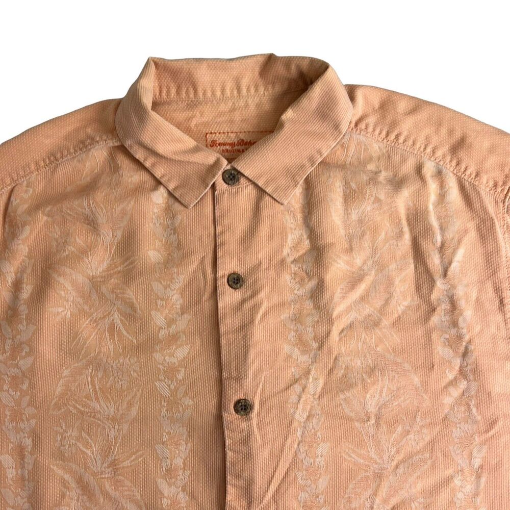 Tommy Bahama Mens Peach Floral Silk Short Sleeve Button Up Shirt Large